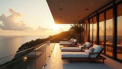 Fototapeta premium Coastal design of modern Balcony at Sunset, cinematic photography