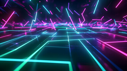 Glowing 3D neon lines in green, electric blue, and magenta intersect to create a futuristic, high-energy abstract composition