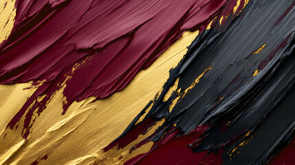 Luxurious 3D brush strokes in burgundy, gold, and charcoal gray layer elegantly, producing a rich and textured abstract effect