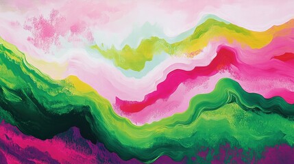 A vibrant abstract design featuring vivid green and pink waves, creating a bold and eye-catching aesthetic.