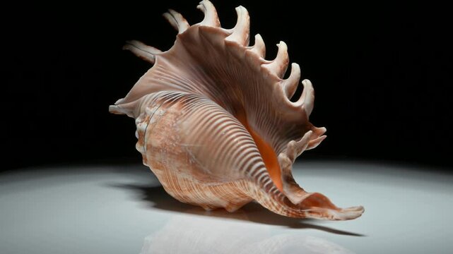 Millipede Spider Conch (Lambis millepeda) shell rotating against a black background. 