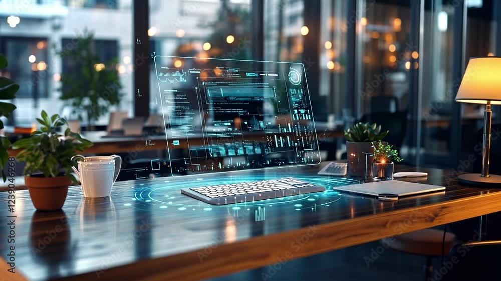 Poster Futuristic workspace with advanced technology in a modern office setting