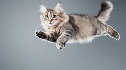Fluffy Cat in Mid-Air Leap - Graceful longhair cat, airborne, playful, agile, freedom.  A symbol of feline athleticism, joy, and untamed spirit.