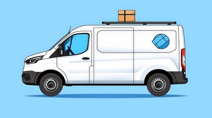 Naklejka premium Delivery Van with Packages on Rooftop Against a Bright Blue Background for Transport Themes