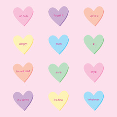 Passion aggression hearts design. Fun cute concept of passive aggressive sayings designed like conversation hearts for valentine's day. Romantic vector art for holiday or love theme. Illustration set