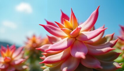 Fototapeta premium Vibrant pink succulent in sunlight with blue sky background, nature's beauty symbol