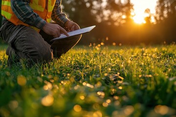 Construction Worker Inspecting Blueprints on Tablet in Sunlit Field