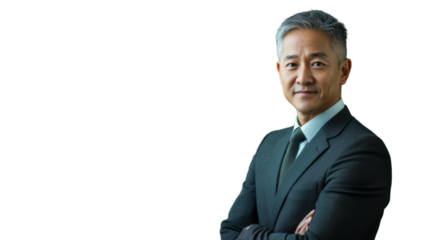 Confident senior businessman with folded arms on transparent background