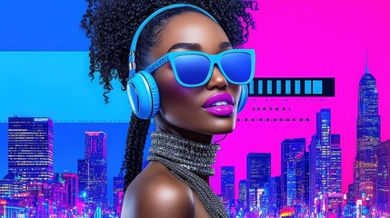 Stylish Woman with Blue Headphones and Sunglasses in Vibrant Cityscape
