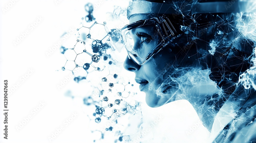 Aufkleber scientist studying molecules; lab background; research concept; science image