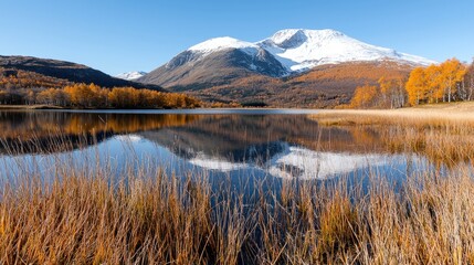 Autumn lake reflecting snowy mountain (1)