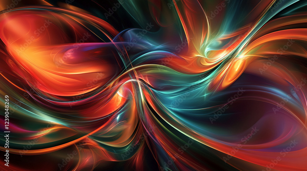 Poster abstract vibrant flowing lines in red, orange, teal, and blue, creating dynamic motion on a dark bac