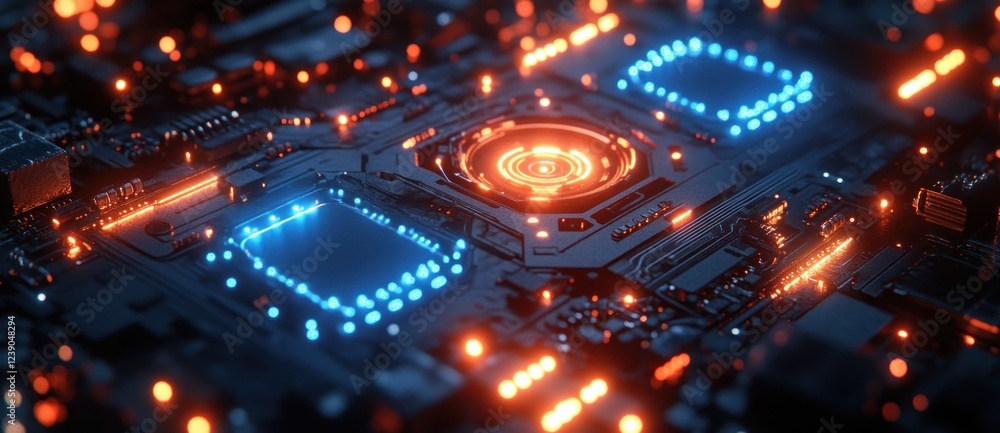 Poster futuristic mechanical blueprint design with glowing lines in cyberpunk style