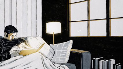 Father reading a book to his child in a cozy indoor setting