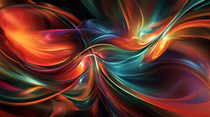 Naklejka premium Abstract vibrant flowing lines in red, orange, teal, and blue, creating dynamic motion on a dark background, showcasing fluid energy and modern digital art.