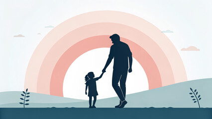 Obraz premium Father and child walking hand in hand at sunset on a hill