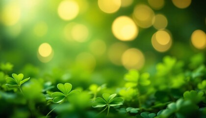 Green clover leaves with bokeh background. St. Patrick's Day celebration, Irish luck symbol, nature, spring concept. Environmental, eco-friendly, and sustainability themes.