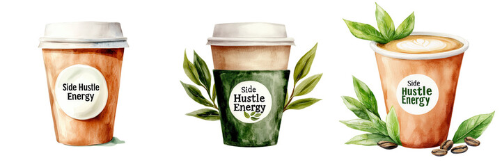 Colorful Coffee Cups with Side Hustle Energy Theme creative piece