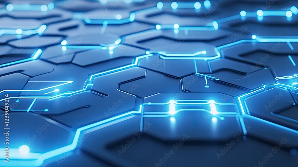 Poster abstract blue lock with connected circuit lines on a hexagonal white background, symbolizing cyberse