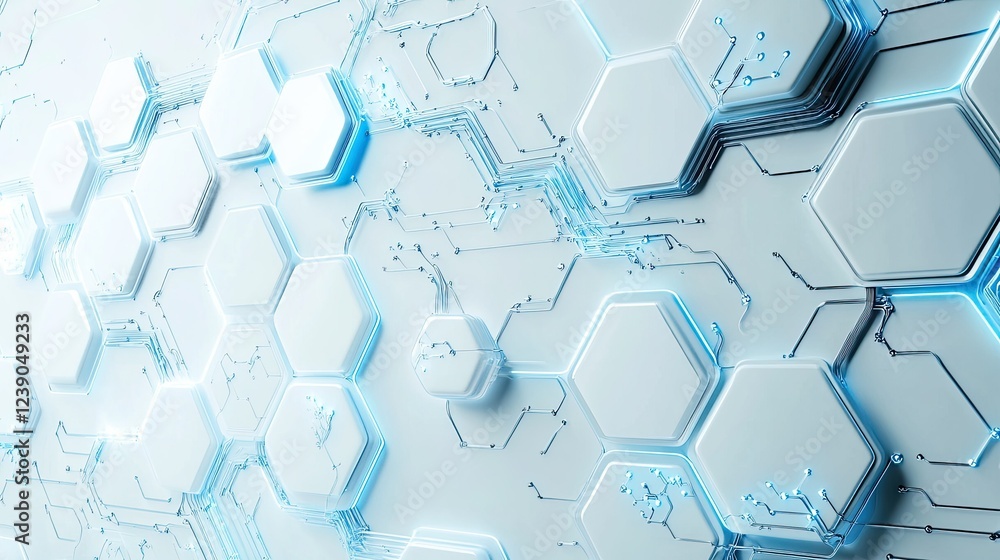 Poster abstract blue lock with connected circuit lines on a hexagonal white background, symbolizing cyberse