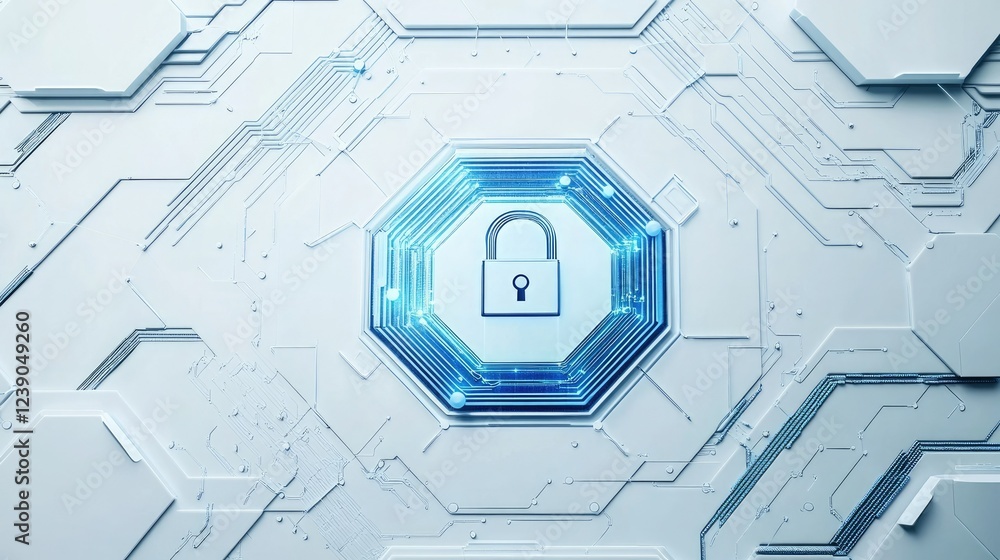 Poster abstract blue lock with connected circuit lines on a hexagonal white background, symbolizing cyberse