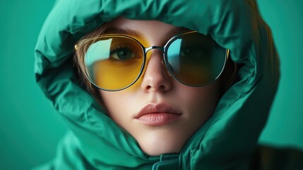 A fashionable individual dons a striking winter coat and trendy sunglasses, emphasizing a blend of...