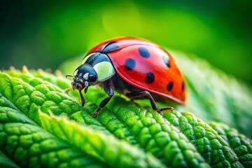 Fototapeta premium Macro Photo: Ladybird on Green Leaf - Vibrant Nature Close-Up