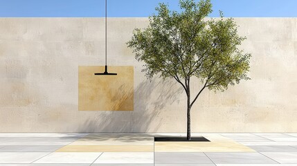 Minimalist outdoor scene featuring a tree and a suspended light fixture against a stone wall