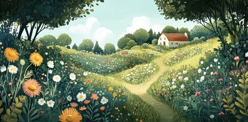 Naklejka premium Cottage nestled amongst vibrant wildflowers and winding paths