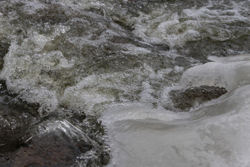 close-up of ice by rolling river creek edge in winter scene nature cascade background