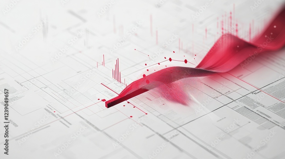 Poster abstract data visualization with a red arrow, line charts, and gridlines on a crisp white background