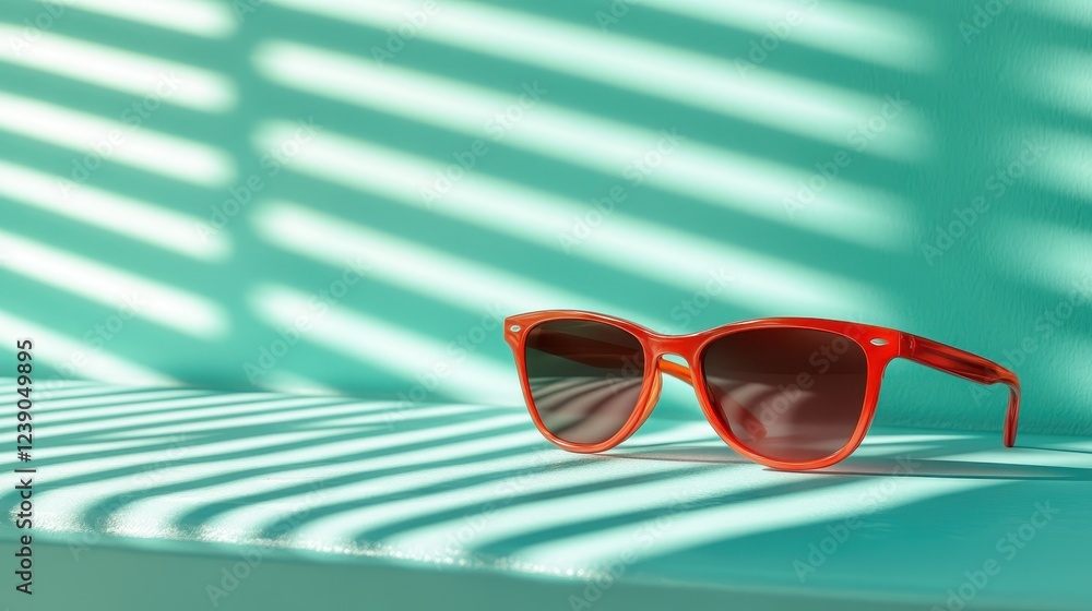 Poster a pair of striking orange retro sunglasses rests on a teal surface, illuminated by dynamic shadow pa