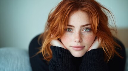 A captivating portrait of a young woman with vibrant red hair and alluring green eyes, showcasing her freckles and gentle expression in a cozy, inviting setting.