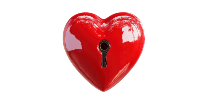 Red heart shaped lock with keyhole isolated on transparent background