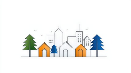 Naklejka premium Modern Urban Landscape with Colorful Houses and Trees in Minimalist Style Illustration