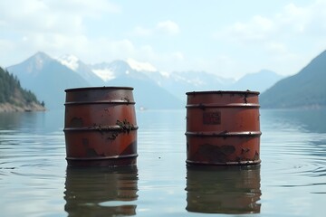 Obraz premium Rusty barrels in mountain lake reflecting environmental concerns