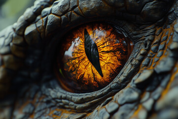 A striking close-up of a predator dinosaur eye, rendered with intense detail and a fierce gaze that evokes prehistoric power, mystery, and raw, ancient intensity.