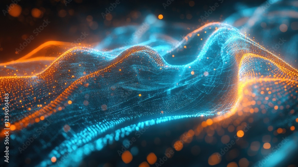 Poster abstract futuristic interface featuring vibrant blue and orange lights with data streams flowing acr