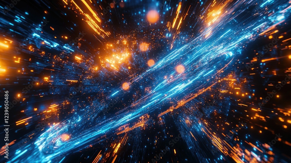 Poster abstract futuristic interface featuring vibrant blue and orange lights with data streams flowing acr