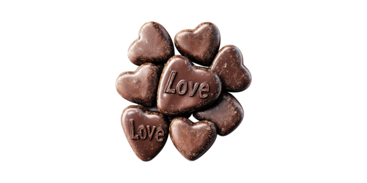 Heart-shaped chocolate pieces with love text isolated on transparent background