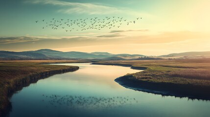 Obraz premium Serene river landscape at sunset, tranquil flowing water reflecting vibrant sky, perfect for inspirational text or nature themes.