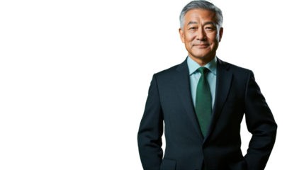 Confident senior executive posing with hands in pockets, on a transparent background