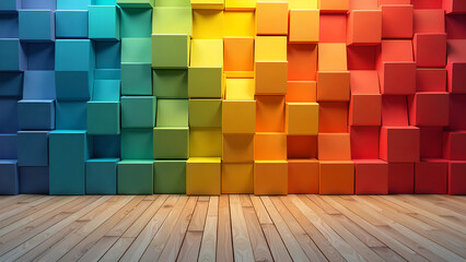 Abstract geometric rainbow colors colored 3d wooden square cubes texture wall background banner...