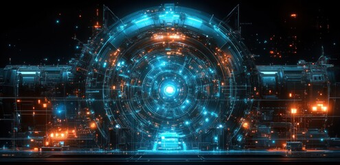Obraz premium Futuristic Blueprint Design of Mechanical Gears and Engineering Components with Blue LED Lighting for Industrial Technology