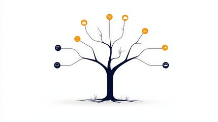 Naklejka premium Abstract Visual of a Tree with Icons Representing Various Concepts and Ideas in a Minimalist Style