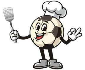 Cartoon mascot character of Football or Soccer ball holding a spatula and wearing a chef's hat