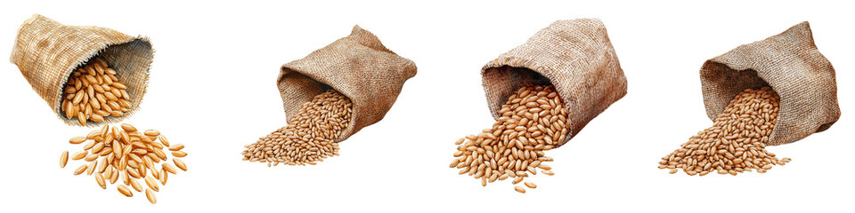 Variety of Grain Spilling from Burlap Sacks on White Background