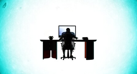 silhouette of man on computer, white background