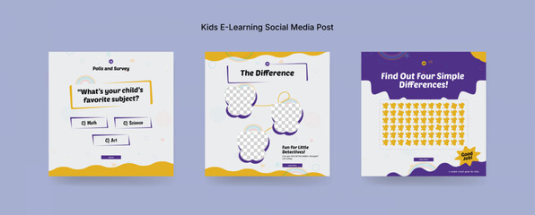 Colorful Online Kids Learning Course Social Media Post Template, Kids Education Banner Design for E-Learning Platforms. Colorful Kids E-Learning Social Media Post Kit
