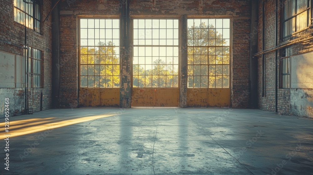 Poster sunlight filters through large open doors of an abandoned warehouse, casting shadows on the concrete